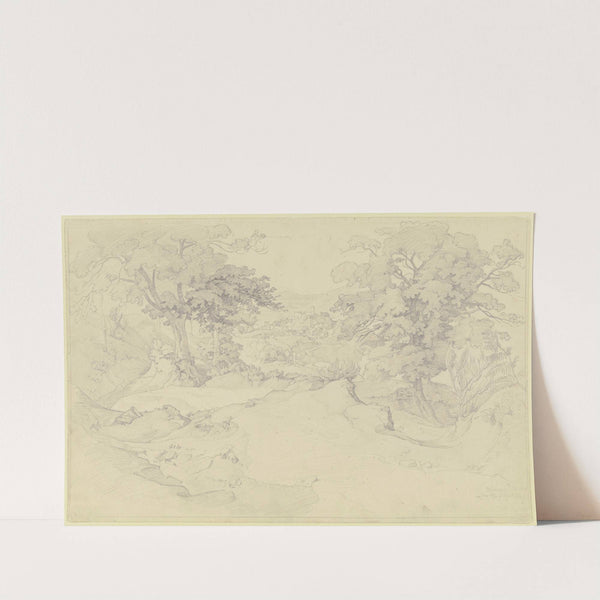 Blick zwischen Bäumen auf Olevano by August Lucas