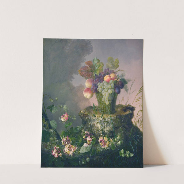 Blomsterkurv Med Frugt Ved En Træstub by Hermania Neergaard