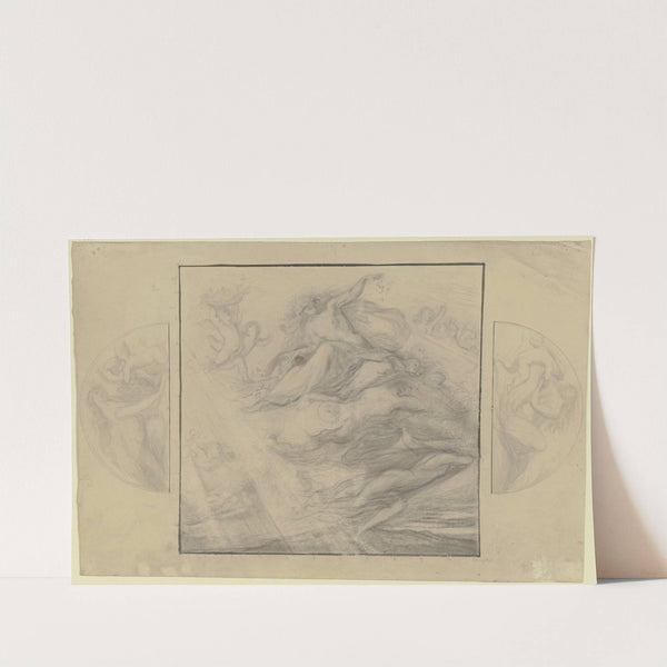 Blumen streuende Frau, weibliche Aktfiguren und Putten, verteilt über ein Mittelfeld und zwei flankierende Lünetten by Victor Müller