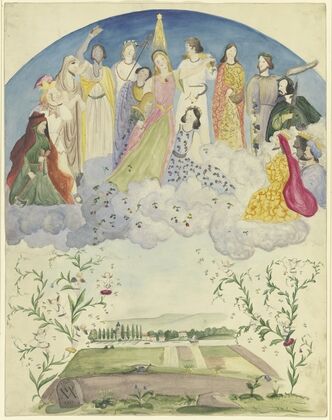 Blumen Über Eine Landschaft Streuende Und Ausschüttende Flora, Umgeben Von Dionysischen, Biblischen Und Historischen Gestalten