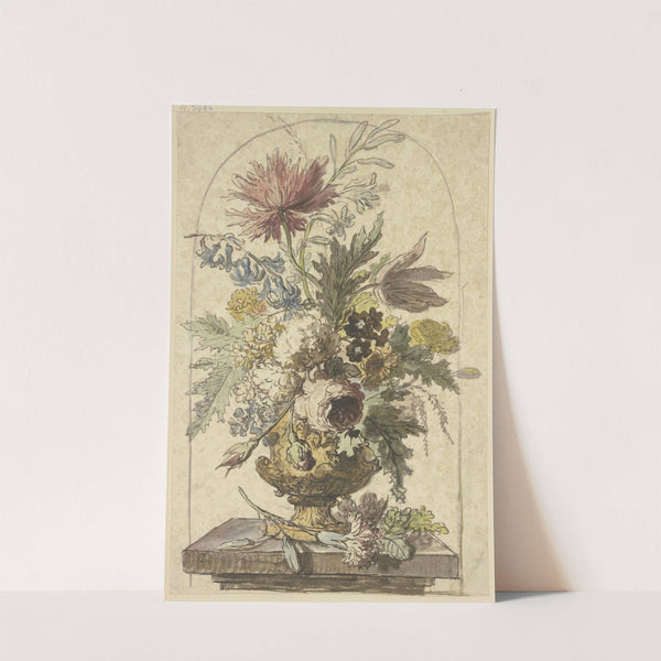 Blumenbouquet in einer Vase, vorne liegt eine Nelke by Jan van Huysum