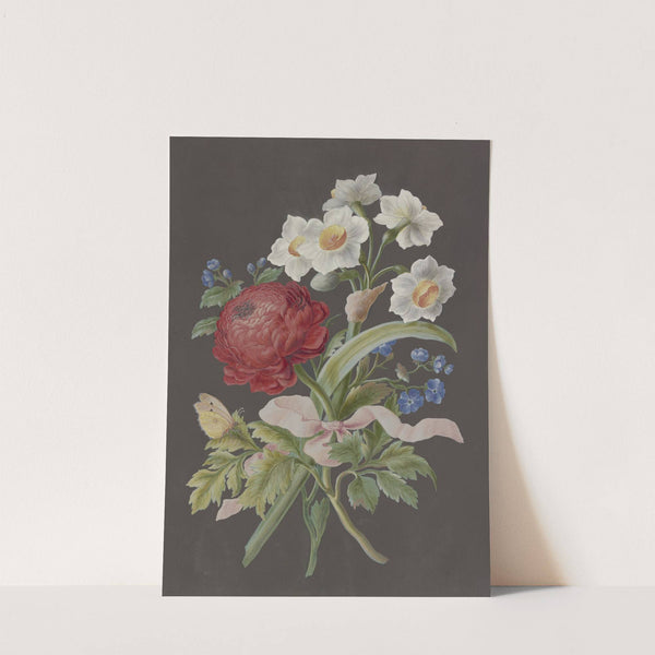 Blumengebinde mit roter Ranunkel (Ranunculus), weißer Tazette (Narcissus tazetta) und blauer Blume mit Postillon by Barbara Regina Dietzsch