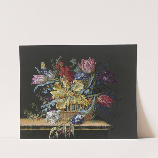 Blumenkorb Mit Tulpen, Levkojen, Rittersporn Und Anderen Blumen Auf Einem Tisch by Barbara Regina Dietzsch