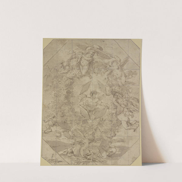 Blumenkranz, von Engeln getragen, ein Engel trägt einen Kardinalshut by Girolamo Troppa