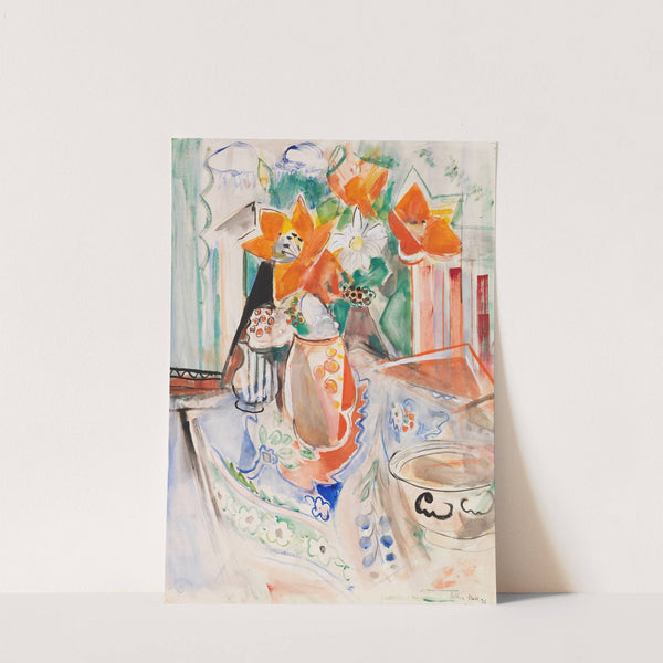 Blumenstillleben mit Schüssel und gestreiftem Krug by Oskar Moll