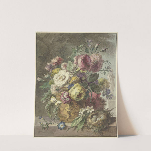 Blumenstrauß in einem figurativ mit einem Putto gestaltenen Topf, dabei ein Vogelnest, im Hintergrund eine Statue by Willem van Leen