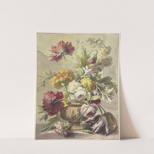 Blumenstrauß in einer Vase mit Basrelief von Mohn, Rosen, Tulpen, quer über der Vase hängt eine geknickte Nelke by J. H. Van Loon