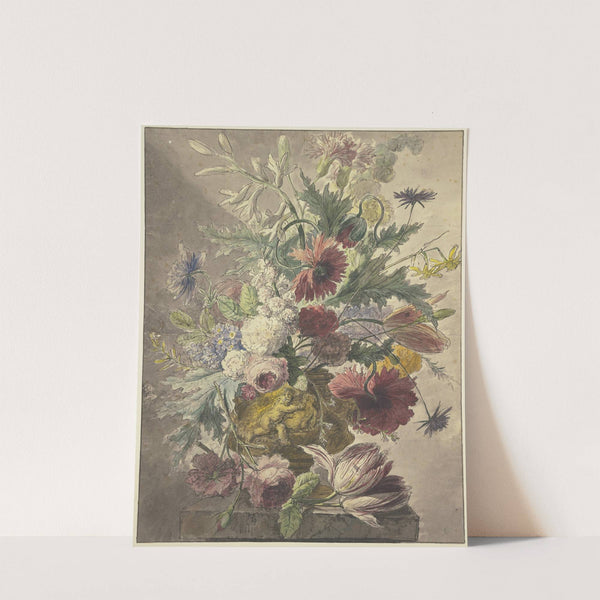 Blumenstrauß in einer Vase mit Basrelief, vorne liegt eine Rose und eine Tulpe by J. H. Van Loon