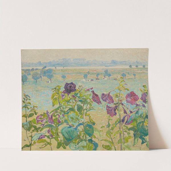 Blüten (Stockrosen), Blick auf den Rhein bei Wittlaer by Max Clarenbach