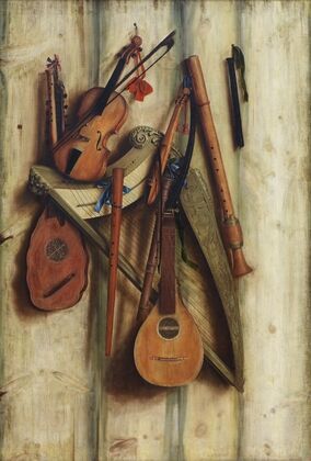 Board Partition With Musical Instruments. Trompe L’oeil