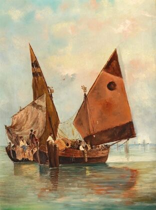 Boat with Sails Set and Moored in the Lagoon