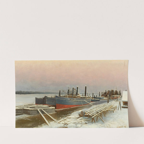 Boats at Dock in Winter (1885) by Mikhail Pomeranzev