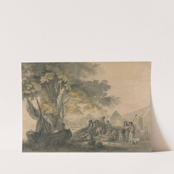 Boats, Fishermen and Peasents near a Weir by Charles Robertson