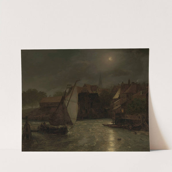 Boats on a canal, moonlight (1890) by Andreas Achenbach