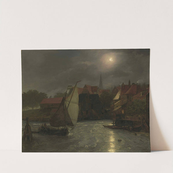 Boats On A Canal, Moonlight (1890) by Andreas Achenbach