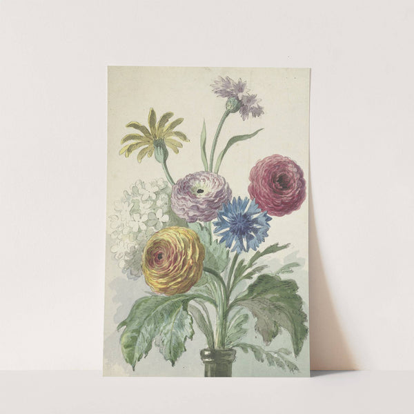 Boeket bloemen in de hals van een groene vaas by Willem van Leen