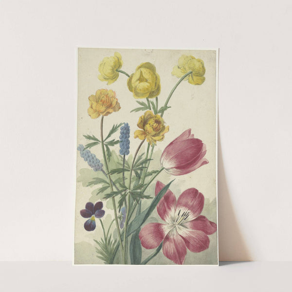 Boeket van tulpen, viooltjes, blauwe druifjes en dotters by Willem van Leen