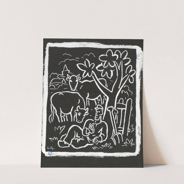 Boer rustend onder een boom in een weiland met koeien (1891) by Leo Gestel