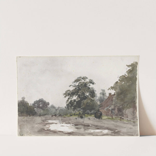 Boerderij onder hoge bomen met water op de voorgrond by Julius Jacobus van de Sande Bakhuyzen