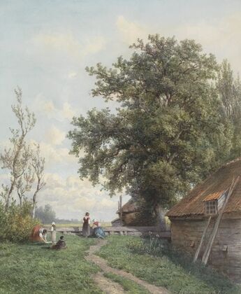Boerenerf met enige figuren, rechts een schuur en grote boom (1839 - 1904)