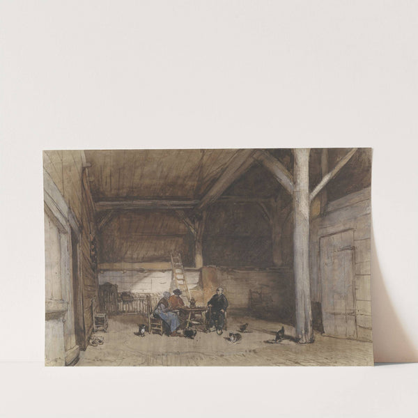 Boereninterieur met twee mannen en een vrouw aan een tafel, verder enkele kippen en katten by Johannes Bosboom