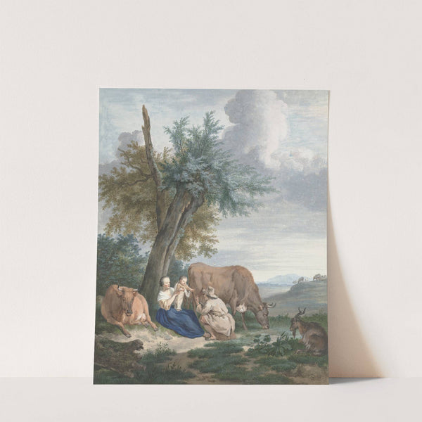Boerin en boer met kind in een landschap met vee (1720 - 1792) by Aert Schouman