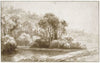 Bomen aan het water, nabij heuvels