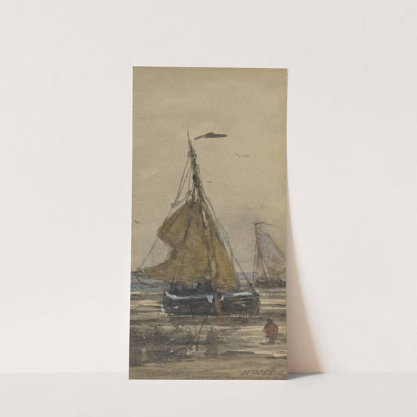 Bomschuit wordt het strand op getrokken by Hendrik Willem Mesdag