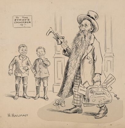 Mr. Peffer as old man going to Senate Chamber with a carpetbag of ‘wild ideas’ and populist dreams. (1874)