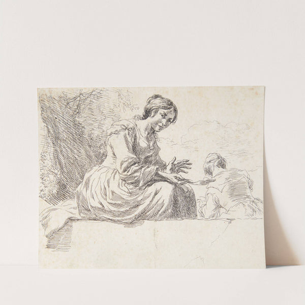 Bondepige siddende på en sten Titelblad til Får by Nicolaes Pietersz. Berchem