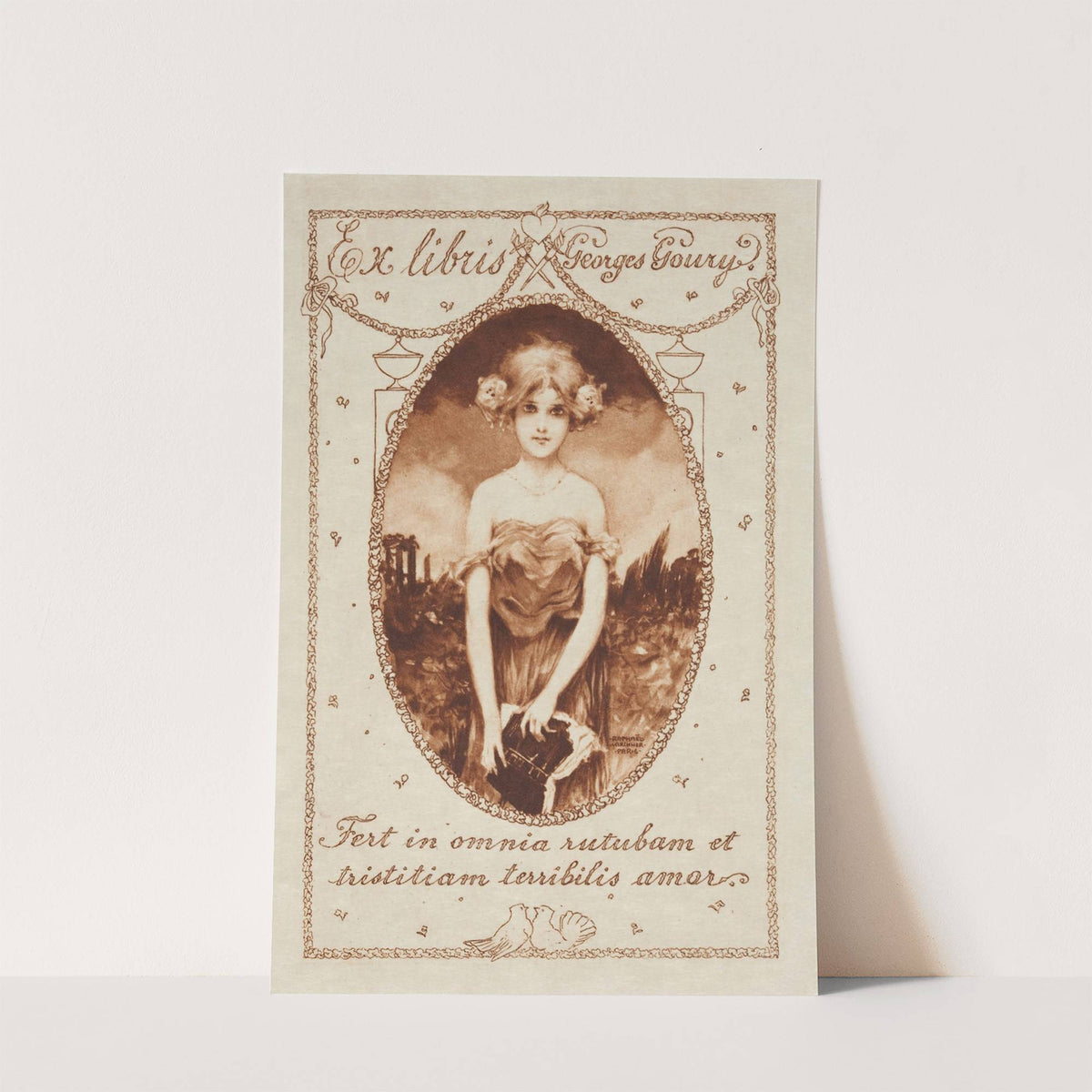 Bookplate of Georges Goury. Fert in omnia rutubam et tristitiam terribilis amor (1905-1906) by Raphael Kirchner