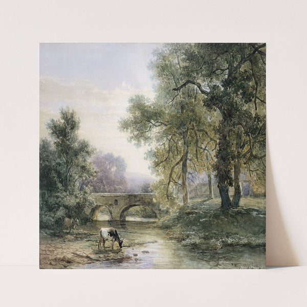Boomrijk landschap met stenen brug over een rivier (1852) by Willem Roelofs