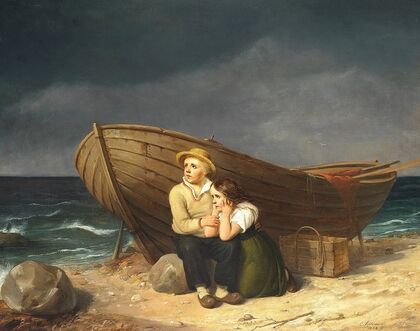 Børn, der søger ly ved en båd på stranden