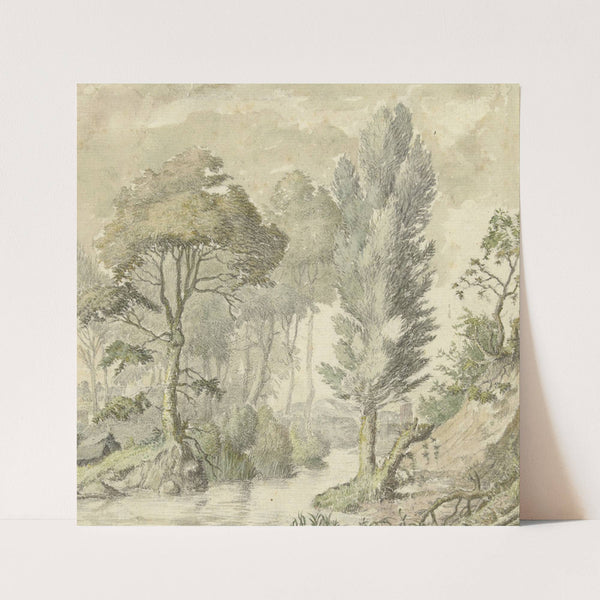 Boslandschap met rechts een heuvel en in het midden water (1677 - 1755) by Elias van Nijmegen