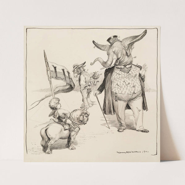 Both the wealthy Republican Party elephant and poor Democratic Party donkey have been struck by several arrows from a cherub (1901) by William Henry Walker