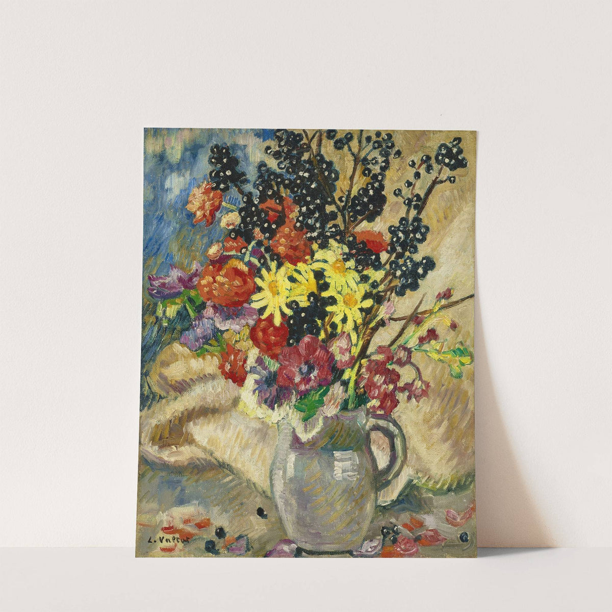 Bouquet aux branches de cassissier dans pichet brun by Louis Valtat