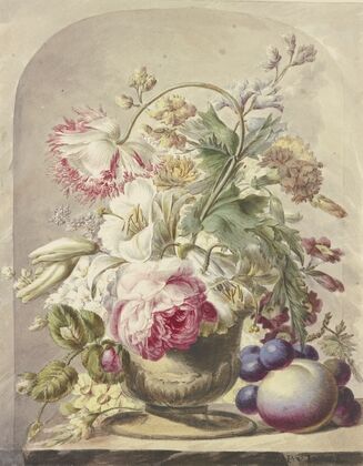 Bouquet In Einer Vase, Vorne Rechts Ein Pfirsich Und Einige Trauben