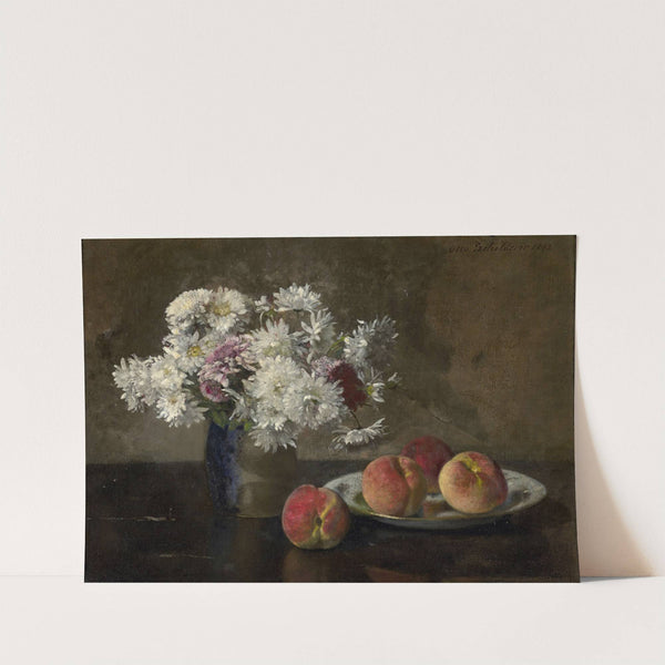 Bouquet of dahlias and peaches on an entablature (1893) by Otto Scholderer