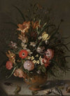 Bouquet of flowers in a vase, insects and tiny creatures (1634)