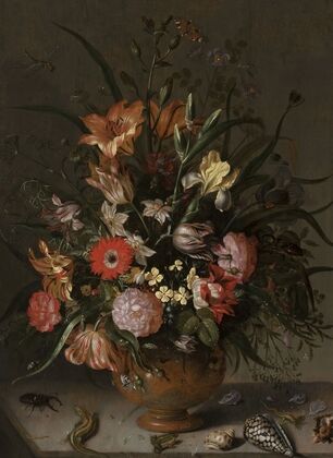Bouquet of flowers in a vase, insects and tiny creatures (1634)