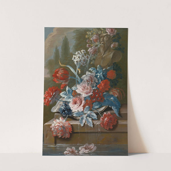 Bouquets of flowers on a ledge above water by Mary Moser