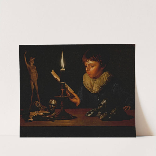 Boy behind a table with statuettes reading by candlelight (1641) by Adam de Coster