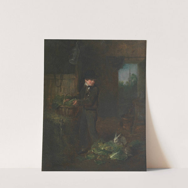 Boy feeding rabbits by Alexander George Fraser