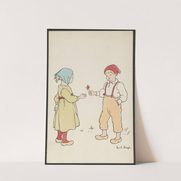 Boy handing a flower to a girl by Lisbeth Bergh