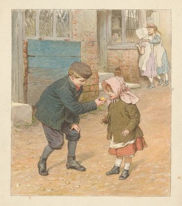Boy Holding an Apple for a Girl with Two Girls Beyond — size preview