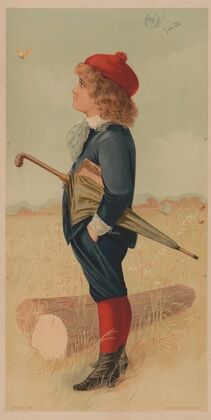 Boy in a field with umbrella and book watching a butterfly (1889)