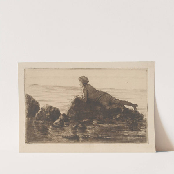 Boy lying on rocks on the beach (1856-1897) by Henri-Charles Guérard