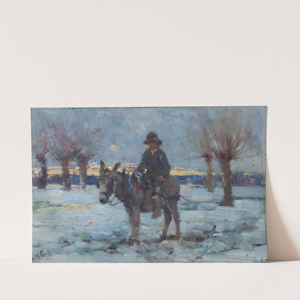 Boy on a donkey in a snowy landscape by Walter Frederick Osborne