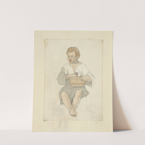 Boy wearing tunic with terra cotta bowl in his lap by Stewart Watson