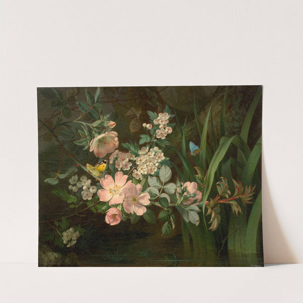 Branchage d’aubépine, de rosier et vol de papillons dans des roseaux by Jean-Baptiste Gallet